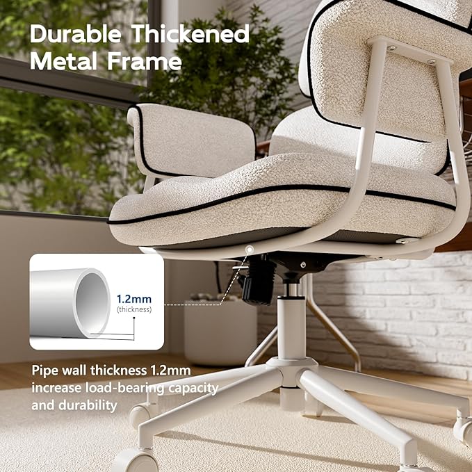 Fabric Office Chair with Granular Linen, Mid Back Vintage Desk Chair with Wheels and Wide Arms, Mid Century Modern Home Office Desk Chairs with Molded Cotton Seat Cushion, Adjustable Height, White