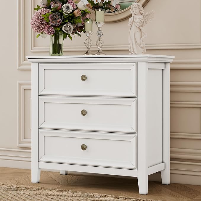 Farmhouse White 3-Drawer Dresser for Bedroom - 31.5" Wide 3 Chest of Drawers Storage Organizer Cabinet as Nightstand or Bedside Dresser