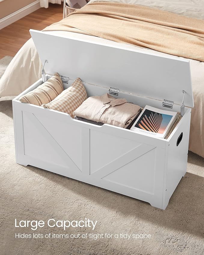 VASAGLE Storage Chest, Storage Trunk with 2 Safety Hinges, Storage Bench, Shoe Bench, Farmhouse Style, 15.7 x 39.4 x 18.1 Inches, for Entryway, Bedroom, Living Room, Cloud White ULSB060T14