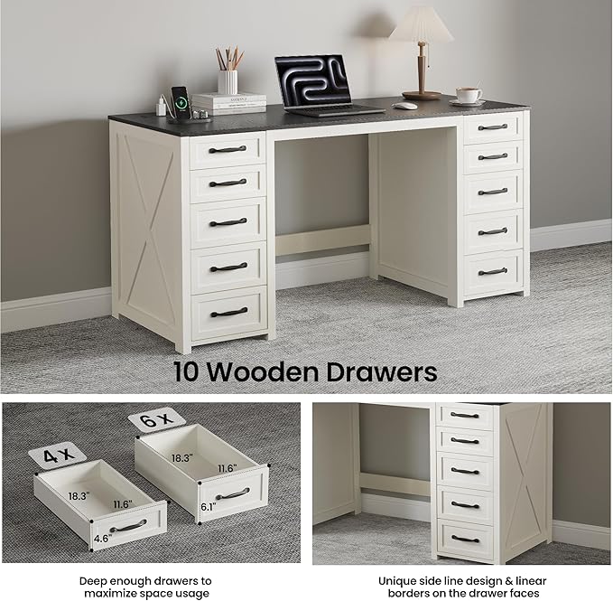 WOPITUES 60" Farmhouse Home Office Desk with 10 Wooden Drawers, Rustic Computer Writing Desk with Power Outlets, Large Executive Desk with Storage Cabinet for Work Study Writing, Black & White