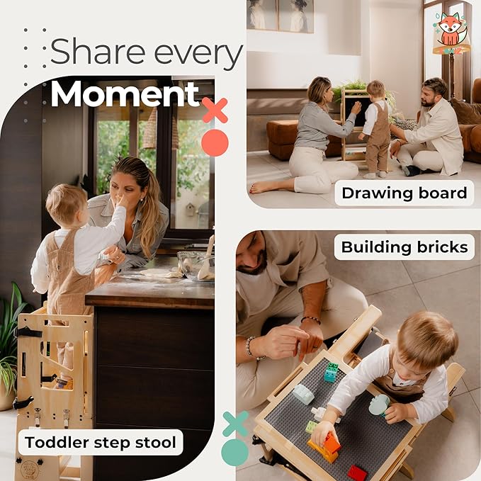 4-in-1 Montessori Smart Learning Tower – Convertible Toddler Step Stool, Activity Table & Chalkboard Center, Adjustable Height with Safety Net – Premium Eco-Friendly Wooden Design for Kids 1–3