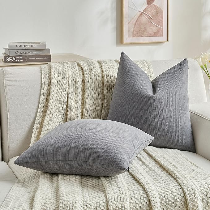 FUTEI Dark Grey Decorative Throw Pillow Covers 20x20 Inch Set of 2,Soft Cozy Wheat Ear Striped Patterns Cushion Cases,Modern Home Decor for Couch Bed Living Room