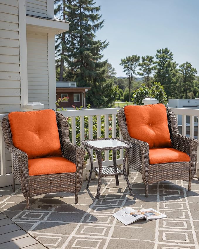3 Piece Patio Brown Wicker Chairs with Side Table - Outdoor High Back Heavy Duty All-Weather Lawn Dining Rattan Chair Conversation Bistro Set for Deck Porch Balcony Backyard Garden - Orange