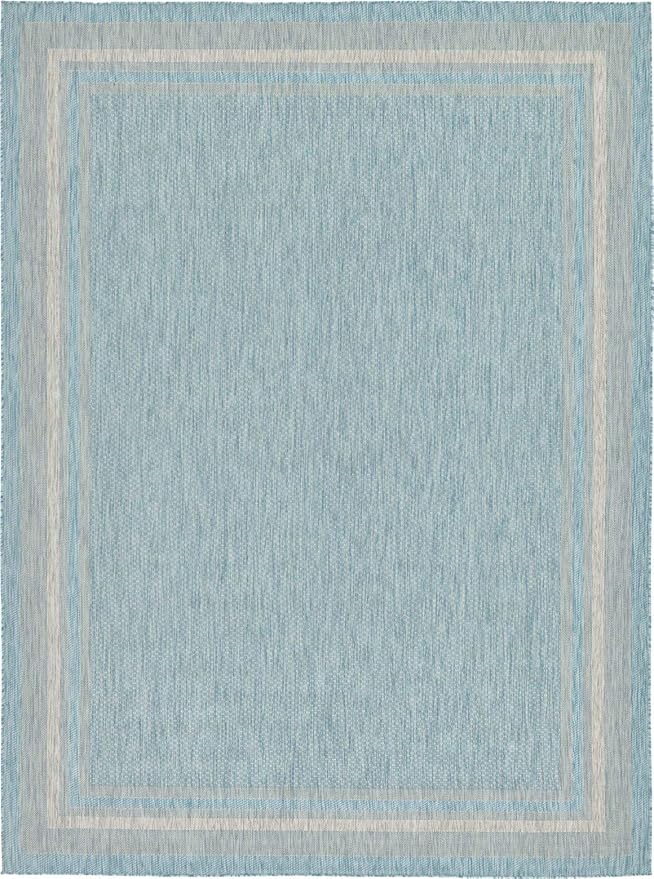 Unique Loom Outdoor Border Collection Area Rug - Soft Border (9'x 12' Rectangle, Aquamarine/ Ivory)