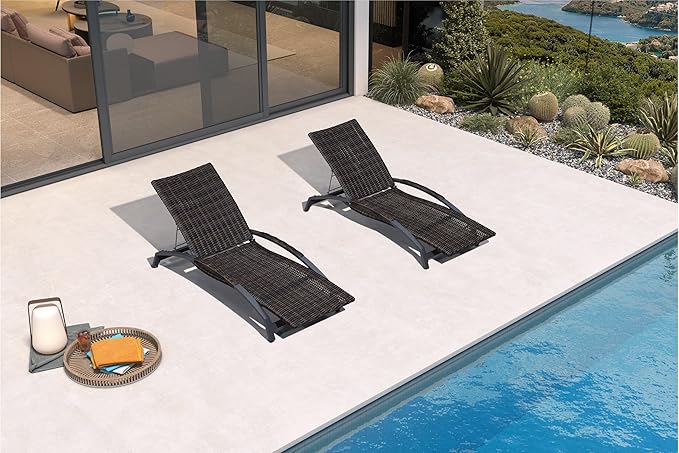 PURPLE LEAF Patio Chaise Lounge Chair Set of 2 Wicker Tanning Outdoor Pool Adjustable Recliner Chair for Outside Beach Poolside Sunbathing Lounger Dark Brown