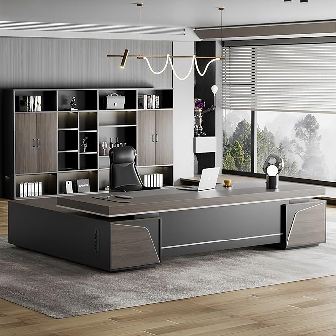 Modern Large Desk, Modern L-shaped Desk With Side Cabinets, Executive Desk With Combination Lock Drawer, Business Furniture Desk With Simple Cable Management (chair Not Included)(63x29.5x102.3inch)