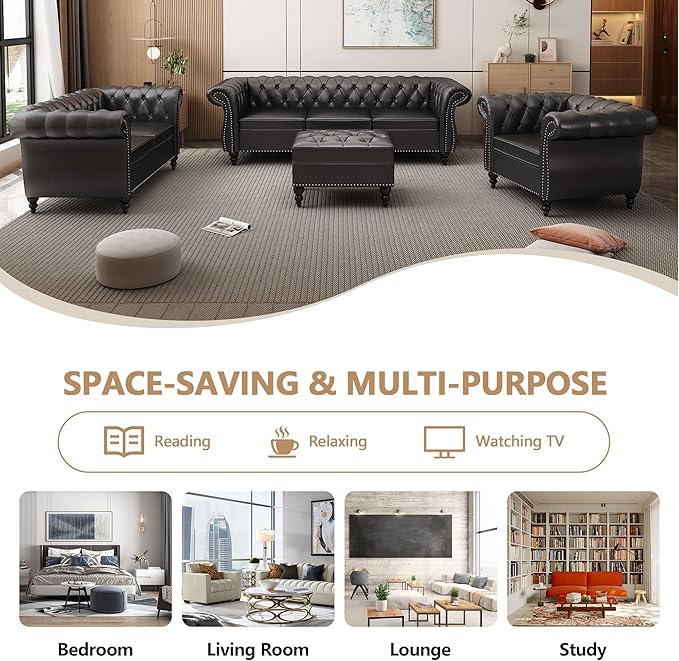2 Piece Living Room Sofa Set, 3 Seater Faux Leather Sofa Couch and Chair Set, Mid Century Modern Upholstered Couch with Cushions, Vintage Comfy Tufted Chesterfield Couches for Bedroom, Office (Black)