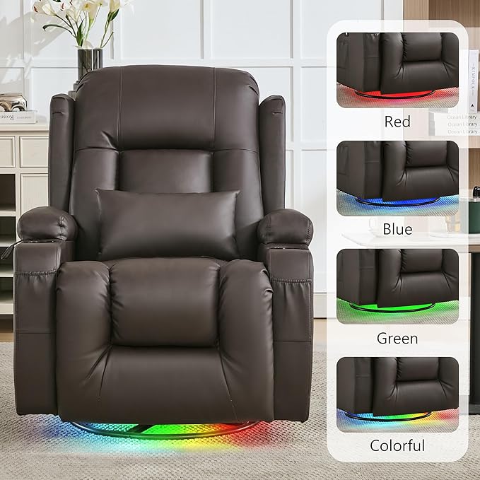 URRED Rocker Recliner Chair for Adults, 270° Swivel Glider Reclining Single Sofa with LED Ambient Light, Cup Holders and Side Pockets, Faux Leather Recliner for Living Room or Home Theater, Brown