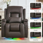 URRED Rocker Recliner Chair for Adults, 270° Swivel Glider Reclining Single Sofa with LED Ambient Light, Cup Holders and Side Pockets, Faux Leather Recliner for Living Room or Home Theater, Brown
