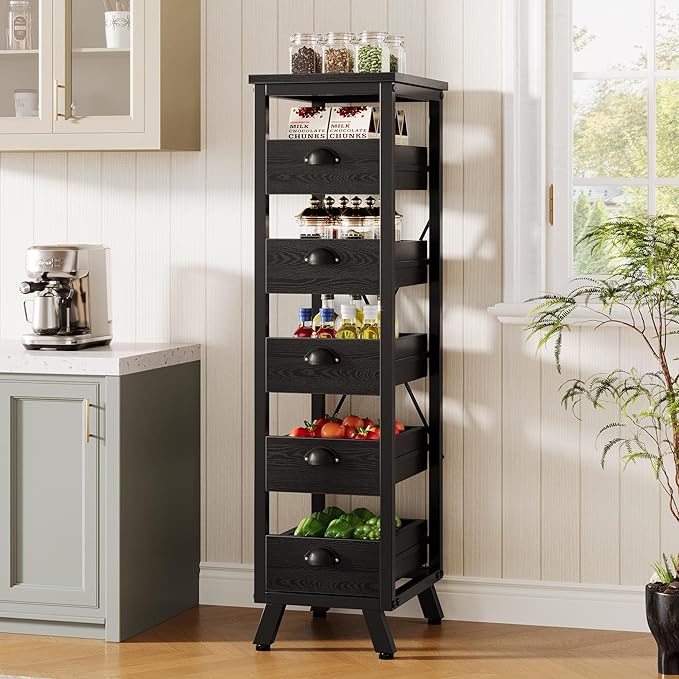 Tribesigns Black Wood Fruit and Vegetable Storage Rack, 5-Tier Narrow Snack Stand Kitchen Stand Fruit Basket, Pull-Out Utility Organizer for Kitchen, Living Room