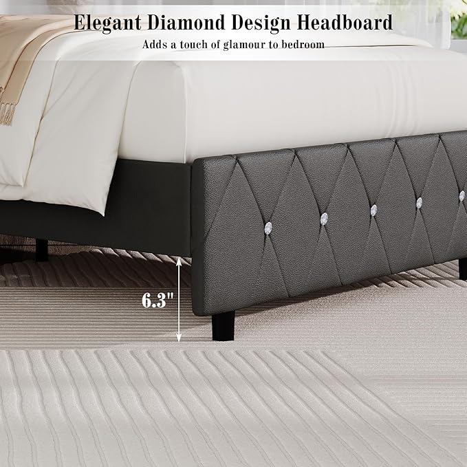 BarnFurin King Bed Frame with Diamond Tufted Headboard, Faux Leather Upholstered Bed with Wooden Slats Support, No Box Spring Needed, Mattress Foundation, Easy Assembly, Gray