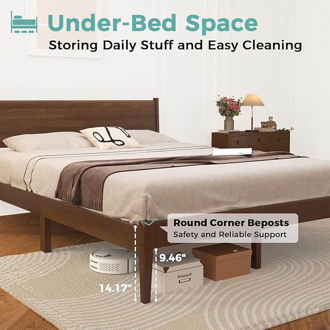 Queen Size Bed Frame with Farmhouse Headboard, Malaysian Oak Queen Bed Frame No Box Spring Needed, Platform Bedframe with 12 Slats Support, Easy Assembly, Antique Espresso