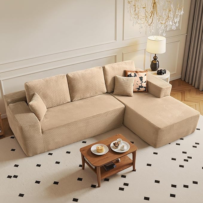 104" Cloud Sectional Couch with Chaise, Boneless L-Shaped Cloud Couch with Deep Seat, Corduroy Modern Minimalist Sofa, Assembly Free Comfy Sofa for Office Living Room Apartment(Camel, Right Chaise)