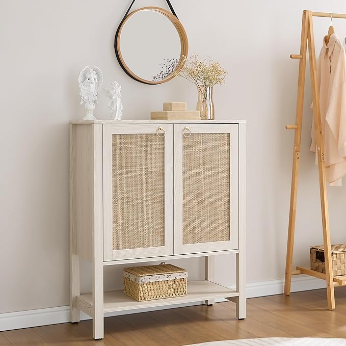 SICOTAS Rattan Shoe Cabinet with Storage - 5 Tier Farmhouse Boho Shoe Organizer Storage Cabinet with Shelves & Doors, Tall Shoe Rack Cabinet for Entryway, Living Room, Closet (White Cream Oak)