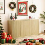 LKTART 64" Buffet Cabinet with Storage, Modern Fluted Accent Sideboard Media Console Credenza with Adjustable Shelves Pressed Spring for Kitchen Living Room,31.5" H (Natural Oak)
