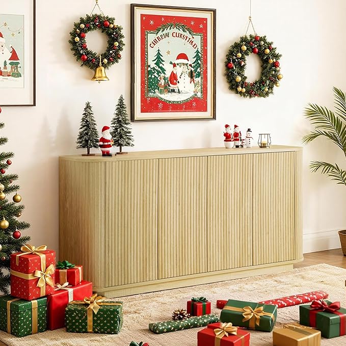 LKTART 64" Buffet Cabinet with Storage, Modern Fluted Accent Sideboard Media Console Credenza with Adjustable Shelves Pressed Spring for Kitchen Living Room,31.5" H (Natural Oak)
