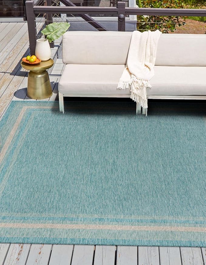 Unique Loom Outdoor Border Collection Area Rug - Soft Border (10' 8" Square, Aquamarine/ Ivory)