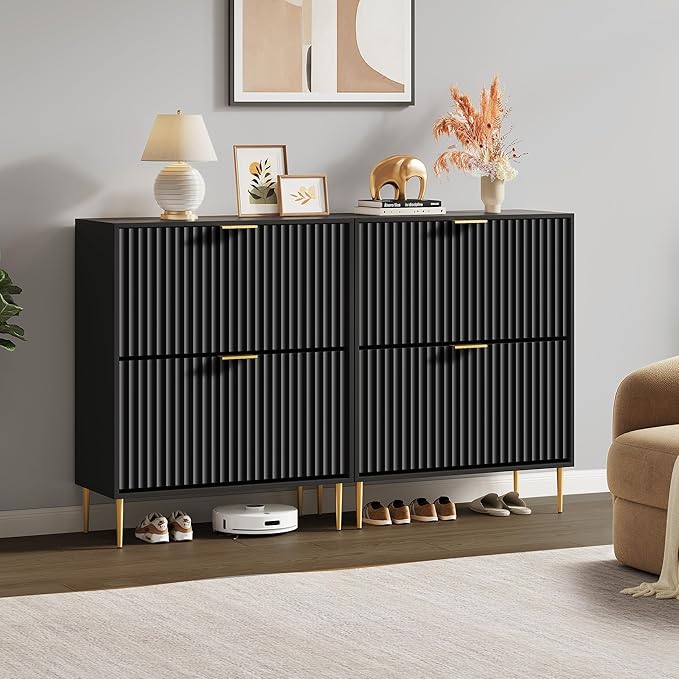 SICOTAS Fluted Shoe Cabinet Storage for Entryway with 2 Flip Drawers-11.8" Deep Freestanding Shoe Organizer Cabinet with 6-Tier Shelves, Large 20 Pairs Shoes Rack Cabinet for Foyer Hallway, Black