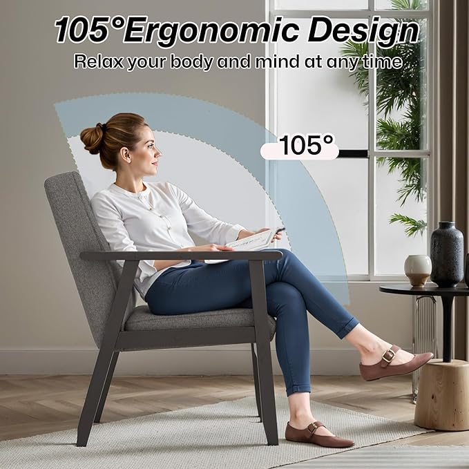 Modern Accent Chair with Arm Rest, Upholstered Linen Fabric Leisure Chair Comfy Side Chair with Backrest Button and Wooden Frame for Living Room Bedroom Reading(Gray)