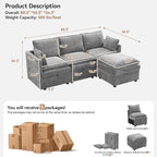 80"Cloud Modular 3 Seater Sofa with Storage Ottoman, Modern Upholstered Storage Sofa Couch Deep Seat, L Shape Sectional Sofa Chenille Comfy Couch with Armrests for Living Room, Small Space, Light Grey