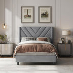 Yaheetech Twin Bed Frame Upholstered Platform Bed with Wing Side/Wooden Slat Support/Tufted Headboard with Wing Side/Mattress Foundation/No Box Spring Needed,Light Gray Twin Bed