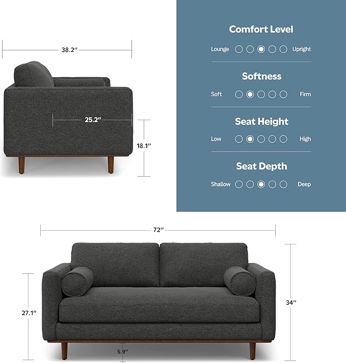 SIMPLIHOME Morrison 72-inch Wide Sofa in Charcoal Grey Woven-Blend Fabric, Handcrafted Mid-Century Modern Loveseat for Living Room or Family Room, Single Bench Cushion, Bolster Pillows