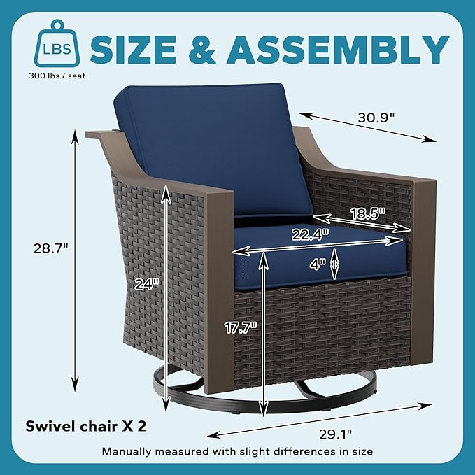 Patio Swivel Chairs Set of 2, Metal Wicker Conversation Furniture Set, Upholstered & 360 Degree Glider Rockers Armchairs, PE Rattan, Metal armrests, Terrace (Navy Blue)