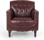 UIXE Faux Leather Accent Chair for Living Room, Tufted Arm Chair Retro Upholstered Club Armchair with Solid Wood Legs, Burgundy Red