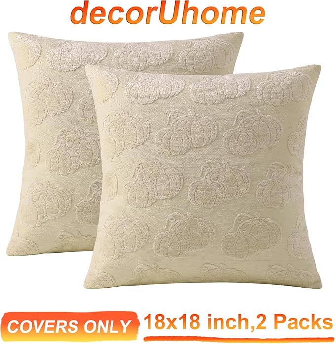 decorUhome Decorative Two Beige Pumpkins Thanksgiving Throw Pillow Covers 18x18 Set of 2, Soft Chenille Jacquard Farmhouse Textured Pillow Covers for Couch Bed Sofa Autumn Harvest Halloween Holiday
