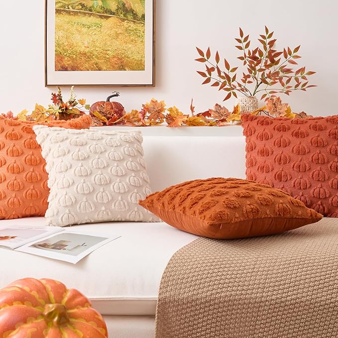 Kevin Textile Fall Pumpkins Pillow Covers 18x18 Inch Set of 2 Cute Autumn Decorative Square Pillowcases Soft Faux Fur Cushions Harvest Gift for Couch Sofa Chair Bedroom Home Decor, Brown