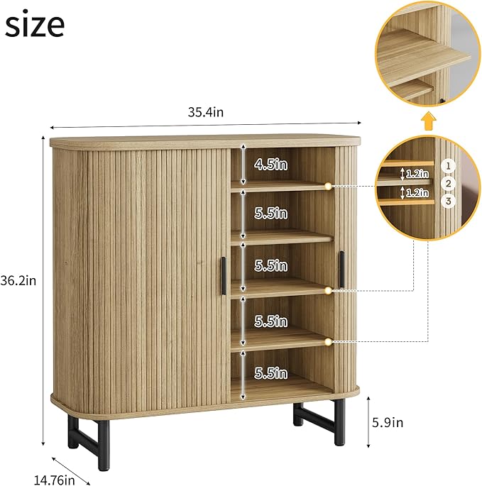 Maupvit Shoe Storage Cabinet with Smooth Fluted Sliding Doors, 5-Tier Shoe Cabinet Storage for Entryway, Narrow Hidden Shoe Rack for Front Door Entrance, Metal Handles and Legs, Natural