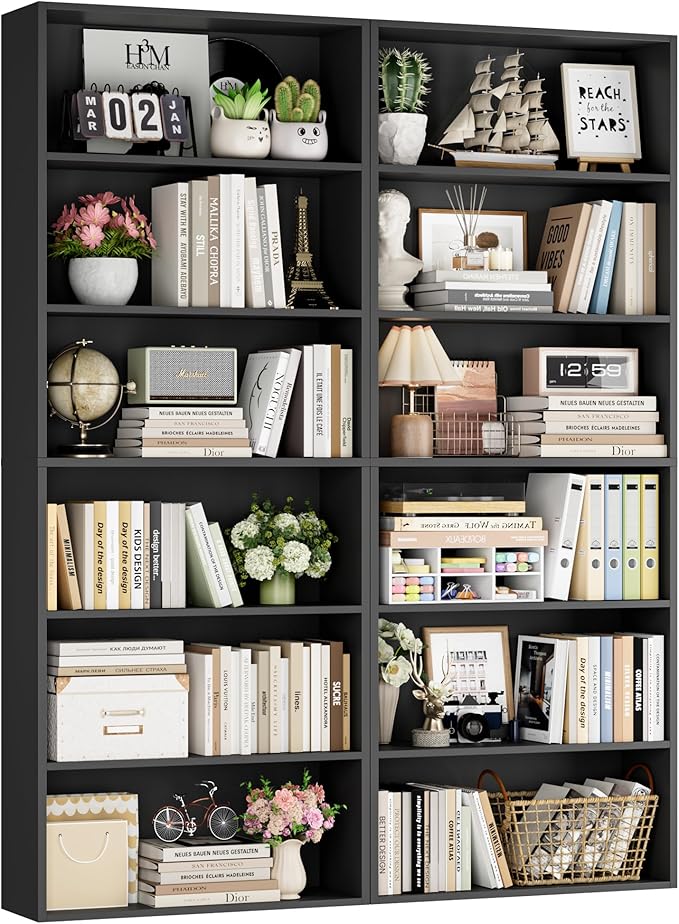 FOTOSOK 70.8" Tall Bookcase Shelf, 6 Tier Wide Bookshelf with Storage, Billy Bookcase Set of 2, Large Bookshelf for Living Room, Home Office, Black