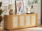 LKTART 64" Sideboard Buffet Cabinet with Storage, Wooden Fluted Storage Cabinet Sideboard with Adjustable Shelves Pressed Spring Rattan Doors for Kitchen Living Room (Natural)