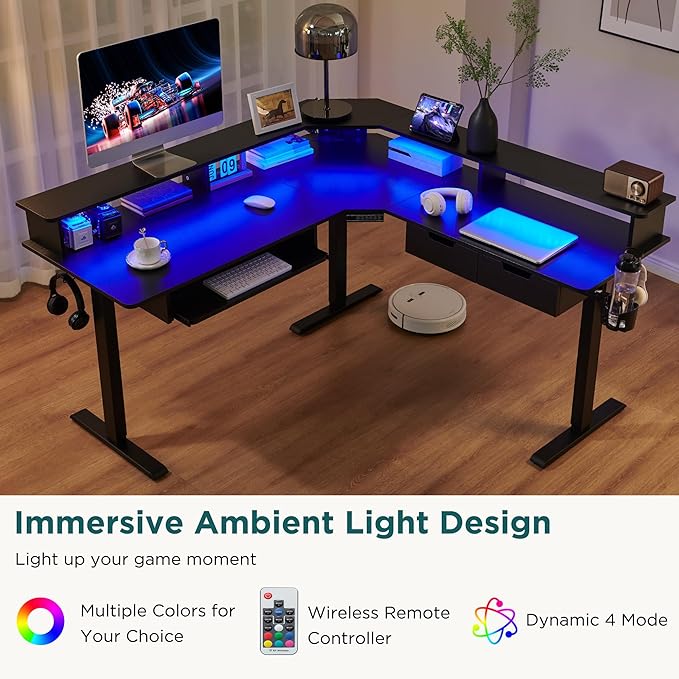 RedLemon 60 Inches L Shaped Electric Standing Desk, Height Adjustable Corner Gaming Desk with Drawers, Power Outlets & LED Lights, Computer Desk with Monitor Shelf, Carbon Fiber Black