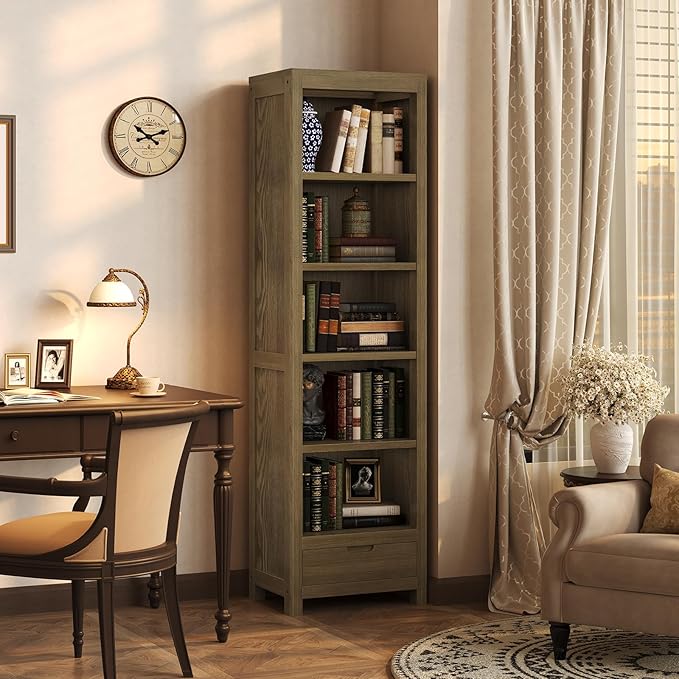 TVU 5-Tier Solid Wood Bookshelf with Drawers, 72-inch Tall Standing Bookcase, 17.7" Wide Open Display Shelf for Living Room, Study, Office Storage, Deep Wood Color