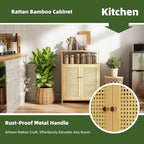 Bathroom Floor Stand Cabinet, Bamboo Storage Organizer Table with 2 Rattan Doors and 1 Shelf, Wooden Side Cupboard for Hallway, Laundry, Kitchen, Living Room (Natural)