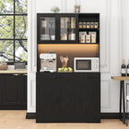 71" Kitchen Pantry Cabinet: Hutch Cabinet with Glass Doors, Pantry Cabinets with Drawers, Adjustable Shelves, LED Light & Power Outlets for Kitchen, Living Room, Dining Room (Black)