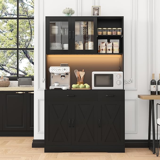 71" Kitchen Pantry Cabinet: Hutch Cabinet with Glass Doors, Pantry Cabinets with Drawers, Adjustable Shelves, LED Light & Power Outlets for Kitchen, Living Room, Dining Room (Black)