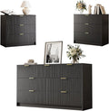 3-Piece Dresser Bedroom Set, 7 Drawer Dresser & 3 Drawer Nightstands with Gold Handles, Fluted Wood Chest of Drawers for Bedroom, Living Room, Entryway, Black