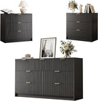 3-Piece Dresser Bedroom Set, 7 Drawer Dresser & 3 Drawer Nightstands with Gold Handles, Fluted Wood Chest of Drawers for Bedroom, Living Room, Entryway, Black
