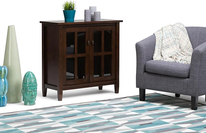 SIMPLIHOME Warm Shaker SOLID WOOD 32 inch Wide Transitional Low Storage Cabinet in Tobacco Brown for the Living Room, Entryway and Family Room