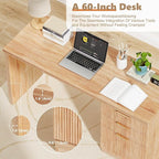 60'' Fluted Executive Desk with Drawers,Wood Home Office Desk with Storage Modern Fluted Computer Writing Desk for Study, Living Room, Bedroom,Natural Oak