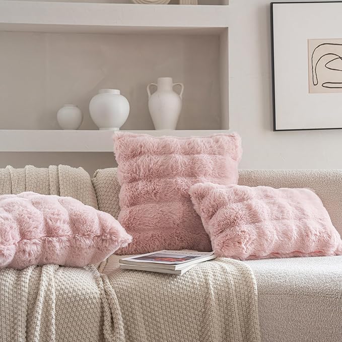 Neelvin Pink Faux Fur Cozy Soft Double-Sided Decorative Throw Pillow Covers 24x24 inch Set of 2,Velvet Pillowcase Cushion Case for Sofa Couch