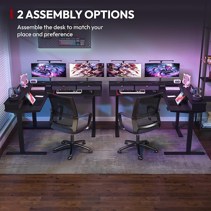 SANODESK 71" L Shaped Standing Desk with 4 Drawers, Height Adjustable Stand up Desk, Corner Gaming Desk with Monitor Stand, Black Frame/Black Top