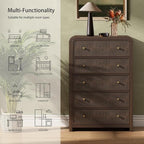 Oak&Sparrow 5 Drawer Tall Dresser for Bedroom, 47'' Rattan Dresser with Ample Storage, Boho Chest of Drawers, Thickened Curved Profile Design, Dark Walnut Dressers for Bedroom, Living Room
