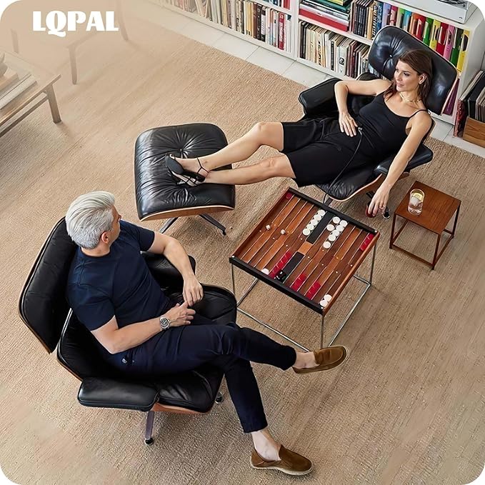 Top Black Grain Leather, Mid Century Chaise Lounge Chair and Ottoman, Modern Chair Classic Design, Walnut Wood, Heavy Duty Base Support for Living Room Study Lounge Office