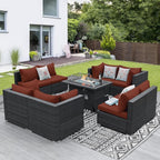 NICESOUL 9 Piece Large Patio Furniture Set with Fire Pit Table Propane/Natural Gas, 29.3'' High Back Wicker Outdoor Sectional Sofas, Wide Conversations for Heavy Weight, 2 Color Cushions Wine & Gray