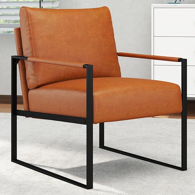 CANMOV Modern Accent Chair Set of 6, PU Leather Armchair with Metal Frame,Comfy Single Reading Chair with Soft Padded Backrest and Cushion for Living Room, Bedroom,Reading Room,Office,Brown