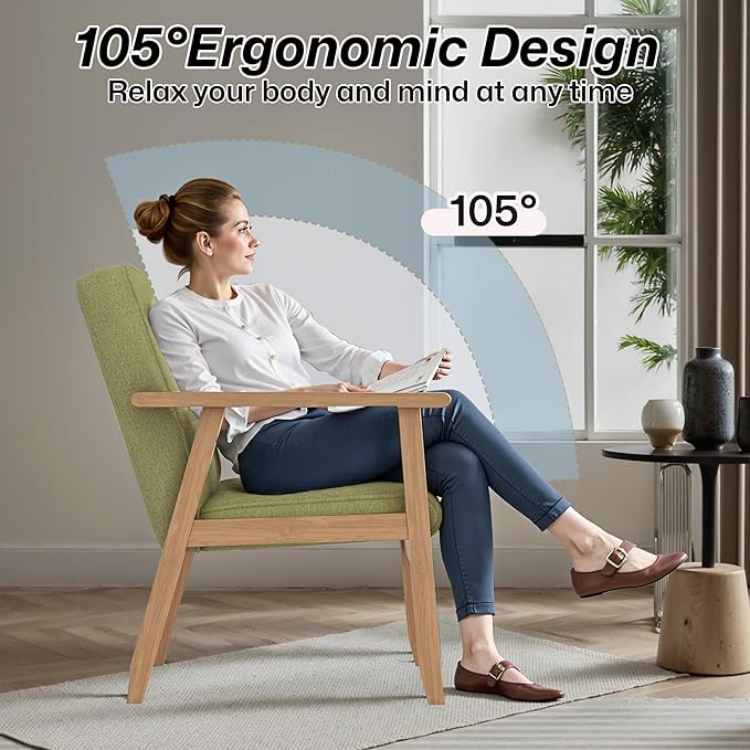 Modern Accent Chair with Arm Rest Set of 2, Upholstered Linen Fabric Leisure Chair Comfy Side Chair with Backrest Button and Wooden Frame for Living Room Bedroom Reading(Green)