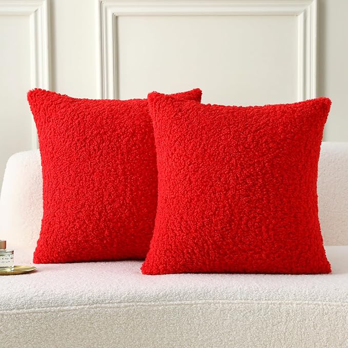 FUTEI Christmas Red Throw Pillow Covers 26x26 Inch Set of 2,Furry Faux Fur Teddy Boucle Textured Cushion Covers,Soft Fluffy Decorative Euro Pillow Shams,Home Decor for Couch Bed Living Room Office Car